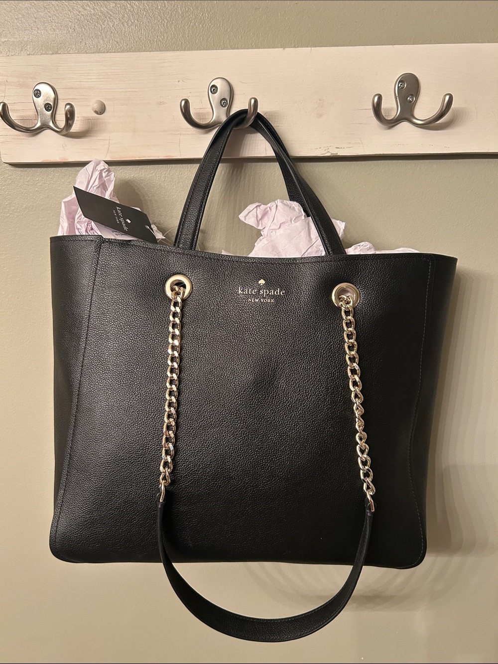kate spade Black Leather Tote with Gold Chain-Strap